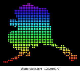 Spectrum dotted pixelated Alaska Map. Vector geographic map in bright colors on a black background. Colorful vector collage of Alaska Map composed of circle dots.