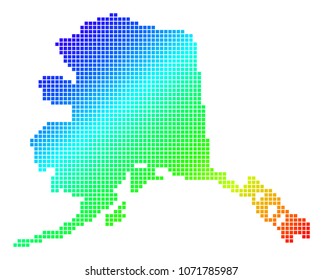 Spectrum dotted pixelated Alaska Map. Vector geographic map in bright colors on a white background. Spectrum has diagonal gradient. Colorful vector concept of Alaska Map combined of square dots.