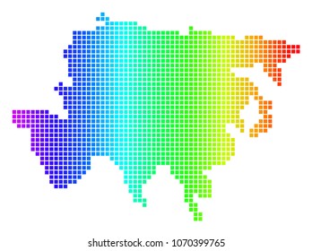 Spectrum dotted pixelated Asia Map. Vector geographic map in bright colors on a white background. Spectrum has horizontal gradient.