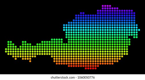 Spectrum dotted pixelated Austria Map. Vector geographic map in bright colors on a black background. Multicolored vector pattern of Austria Map composed of dot elements.