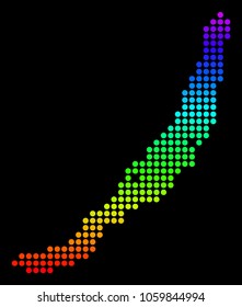 Spectrum dotted pixelated Baikal Lake Map. Vector geographic map in bright colors on a black background. Colorful vector pattern of Baikal Lake Map organized of dots.