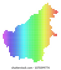 Spectrum dotted pixelated Borneo Island Map. Vector geographic map in bright colors on a white background. Spectrum has horizontal gradient.