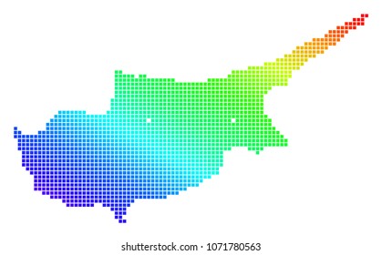 Spectrum dotted pixelated Cyprus Map. Vector geographic map in bright colors on a white background. Spectrum has diagonal gradient. Multicolored vector concept of Cyprus Map created of dot elements.