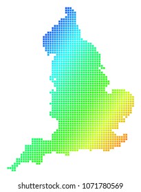 Spectrum dotted pixelated England Map. Vector geographic map in bright colors on a white background. Spectrum has diagonal gradient. Colorful vector mosaic of England Map designed of dots.