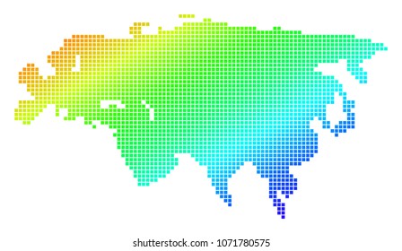 Spectrum dotted pixelated Eurasia Map. Vector geographic map in bright colors on a white background. Spectrum has diagonal gradient. Color vector collage of Eurasia Map done of square elements.