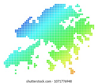 Spectrum dotted pixelated Hong Kong Map. Vector geographic map in bright colors on a white background. Spectrum has diagonal gradient.