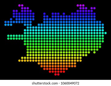 Spectrum dotted pixelated Iceland Map. Vector geographic map in bright colors on a black background. Multicolored vector composition of Iceland Map done of round dots.
