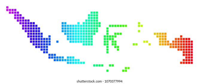 Spectrum dotted pixelated Indonesia Map. Vector geographic map in bright colors on a white background. Spectrum has horizontal gradient.