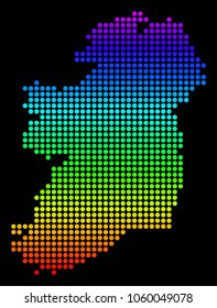 Spectrum dotted pixelated Ireland Map. Vector geographic map in bright colors on a black background. Colored vector mosaic of Ireland Map made of dot elements.