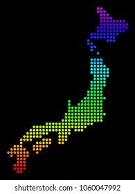 Spectrum dotted pixelated Japan Map. Vector geographic map in bright colors on a black background. Multicolored vector collage of Japan Map created of round dots.