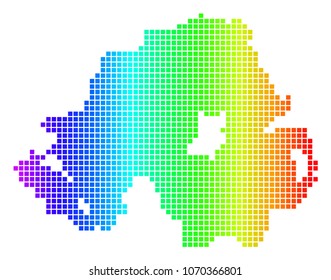 Spectrum dotted pixelated Northern Ireland Map. Vector geographic map in bright colors on a white background. Spectrum has horizontal gradient.