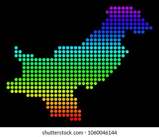 Spectrum dotted pixelated Pakistan Map. Vector geographic map in bright colors on a black background. Color vector concept of Pakistan Map organized of small circles.