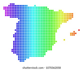 Spectrum dotted pixelated Spain Map. Vector geographic map in bright colors on a white background. Spectrum has horizontal gradient. Color vector pattern of Spain Map combined of rounded square dots.
