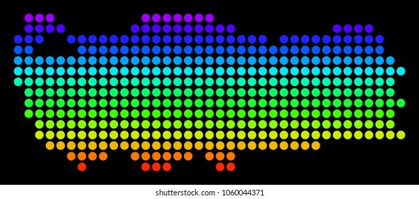 Spectrum dotted pixelated Turkey Map. Vector geographic map in bright colors on a black background. Multicolored vector concept of Turkey Map organized of small circles.