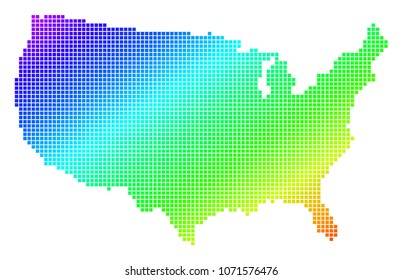 Spectrum dotted pixelated USA Map. Vector geographic map in bright colors on a white background. Spectrum has diagonal gradient. Color vector concept of USA Map constructed of dots.