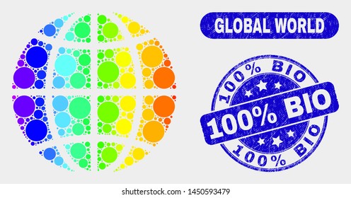 Spectrum dotted planet globe and stamps. Blue rounded 100% Bio scratched seal stamp. Gradiented spectrum planet globe mosaic of random small spheres. 100% Bio seal with distress surface.