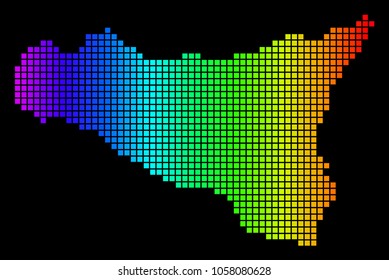 Spectrum dotted Sicilia Map. Vector geographic map in bright colors on a black background. Multicolored vector pattern of Sicilia Map organized of small squares.