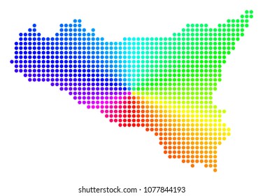 Spectrum dotted Sicilia Map. Vector geographic map in bright rainbow colors with circular gradient. Colored vector composition of Sicilia Map designed of regular circles.