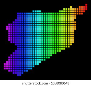 Spectrum dotted Siria Map. Vector geographic map in bright colors on a black background. Colored vector mosaic of Siria Map organized of square dots.