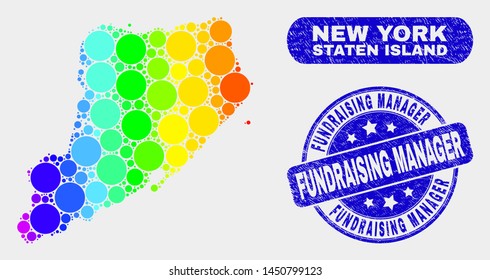 Spectrum dotted Staten Island map and watermarks. Blue round Fundraising Manager distress seal stamp. Gradient spectral Staten Island map mosaic of scattered round dots.