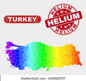 Spectrum dotted Turkey map and seal stamps. Red round Helium grunge seal stamp. Gradient spectral Turkey map mosaic of random round dots. Helium seal with scratched surface.