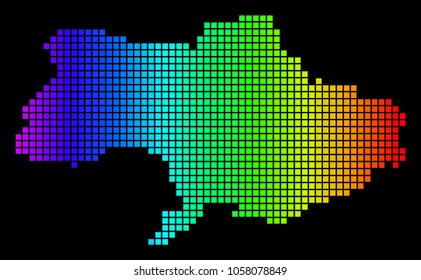 Spectrum dotted Ukraine Map. Vector geographic map in bright colors on a black background. Colorful vector concept of Ukraine Map constructed of square elements.