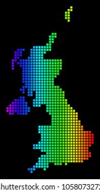 Spectrum dotted United Kingdom Map. Vector geographic map in bright colors on a black background. Multicolored vector concept of United Kingdom Map constructed of square dots.