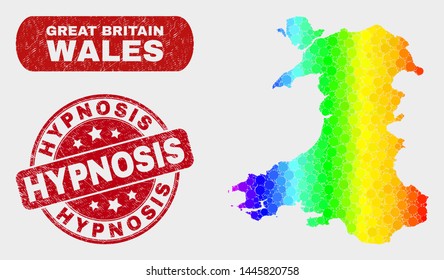 Spectrum dotted Wales map and rubber prints. Red rounded Hypnosis grunge stamp. Gradient spectrum Wales map mosaic of random small spheres. Hypnosis seal stamp with grunge surface.