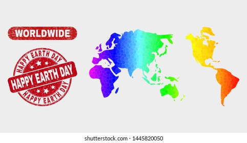 Spectrum dotted worldwide map and seal stamps. Red round Happy Earth Day textured seal stamp. Gradient spectral worldwide map mosaic of scattered small spheres.