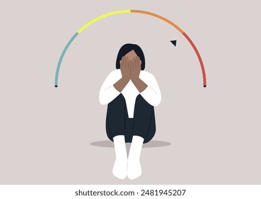 A Spectrum of Emotions, A Moment of Despair, Digital illustration of person sitting on the floor, face in hands, with rainbow scale above symbolizing emotions, They appear sad or distressed