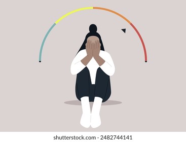A Spectrum of Emotions, A Moment of Despair, Digital illustration of person sitting on the floor, face in hands, with rainbow scale above symbolizing emotions, They appear sad or distressed