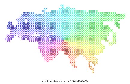 Spectrum Eurasia Map. Vector geographic map in bright spectrum color tones. Spectrum has circular gradient. Colored vector pattern of Eurasia Map created of small spheres.