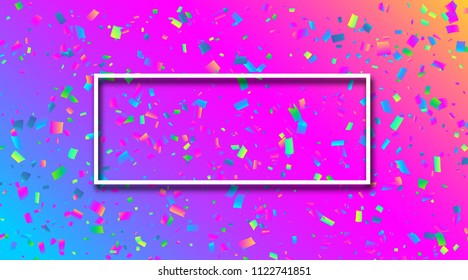 Spectrum festive background with white frame and colorful paper confetti. Vector illustration.
