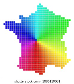 Spectrum France map. Vector pixelated geographic plan in bright rainbow colors with circular gradient. Bright vector pattern of France map designed from regular square pixels.