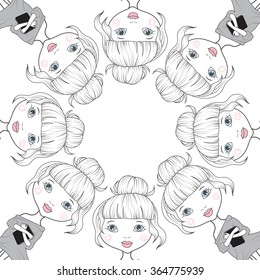 spectrum girls, circle little ladies portrait, picture of girls with books, blue eyes and pink lips on a white background, vector illustration