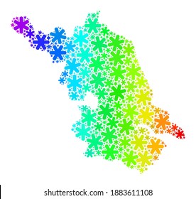 Collage del gradiente del espectro de la provincia de Jiangsu diseñado para anuncios de Año Nuevo. El mosaico de mapas de la provincia de Jiangsu está hecho de elementos de nieve brillantes. Diseñado para anuncios de Año Nuevo.