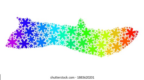 Spectrum gradient collage of Molokai Island map constructed for New Year ads. Molokai Island map mosaic is designed from bright snowflakes. Designed for New Year purposes.