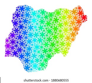 Spectrum gradient collage of Nigeria map designed for Christmas holidays. Nigeria map mosaic is designed with vibrant snow flakes. Designed for Winter purposes.