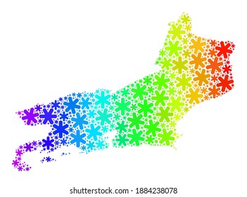 Collage de gradientes de espectro del mapa del estado de Río de Janeiro combinado para la celebración del invierno. El mosaico del mapa del estado de Río de Janeiro está formado por copos de nieve multicolores. Diseñado para aplicaciones de invierno.