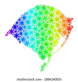 Collage de gradientes de espectro del mapa estatal de Rio Grande do Sul construido para la celebración de invierno. El mosaico del mapa del estado de Rio Grande do Sul se ha creado con elementos de nieve multicolores. Diseñado para el invierno.