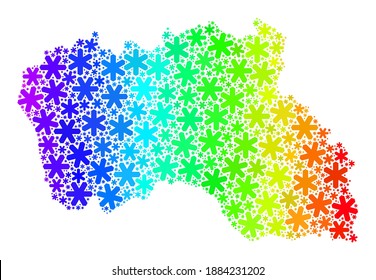 Spectrum gradient collage of Santa Maria Island map designed for Winter ads. Santa Maria Island map mosaic is organized of colorful snow items. Designed for Winter purposes.