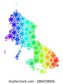 Spectrum gradient collage of Skyros Island map designed for New Year holidays. Skyros Island map mosaic is designed from colorful snow items. Designed for New Year posters.