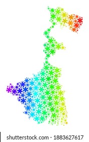 Spectrum-Farbverlauf-Collage von West-Bengal State Karte für Neujahrsferien konstruiert. Das Mosaik der Westbengalischen Staatskarte ist aus mehrfarbigen Schneebildern geformt. Entwickelt für Neujahrsprojekte.