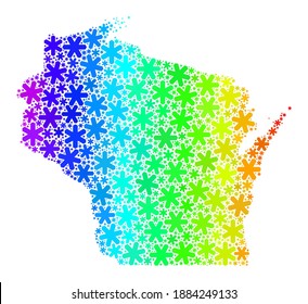 Collage de gradiente de espectro del mapa de estado de Wisconsin construido para ventas de invierno. El mosaico del mapa del estado de Wisconsin está construido con elementos de nieve brillantes. Diseñado para proyectos de invierno.