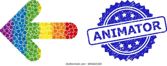 Spectrum gradient colored circle mosaic left direction, and Animator corroded rosette seal. Blue stamp includes Animator tag inside rosette.