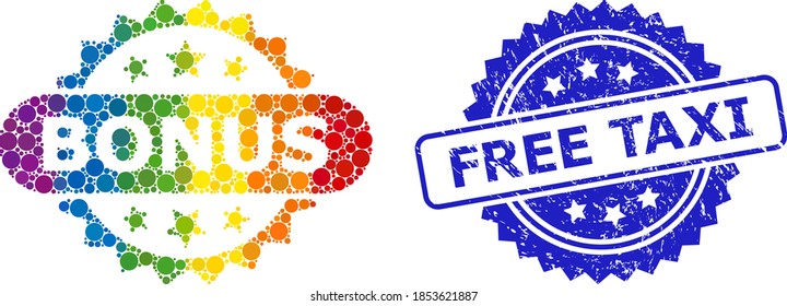 Etiqueta de bonificación de mosaico de círculo de gradiente de espectro coloreado, y huella de sello de rosette corroída por Free Taxi. El sello azul contiene texto libre de Taxi dentro de la roseta.