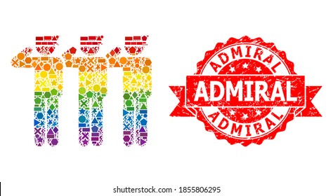 Spectrum gradient colored geometric mosaic soldiers, and Admiral unclean seal print. Red stamp seal contains Admiral tag inside ribbon.
