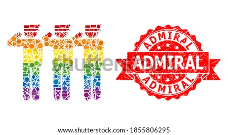 Spectrum gradient colored geometric mosaic soldiers, and Admiral unclean seal print. Red stamp seal contains Admiral tag inside ribbon.