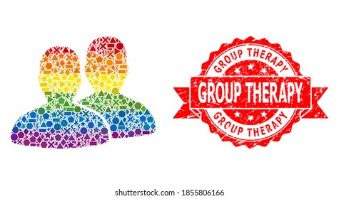 Spectrum gradient colorful geometric collage users, and Group Therapy unclean seal. Red stamp seal includes Group Therapy caption inside ribbon.