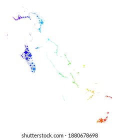 Composición de gradientes de espectro del mapa de las Islas Bahamas creado para anuncios de Año Nuevo. El mosaico de mapas de las islas de las Bahamas está compuesto de vibrantes elementos de nieve. Diseñado para fines de Año Nuevo.